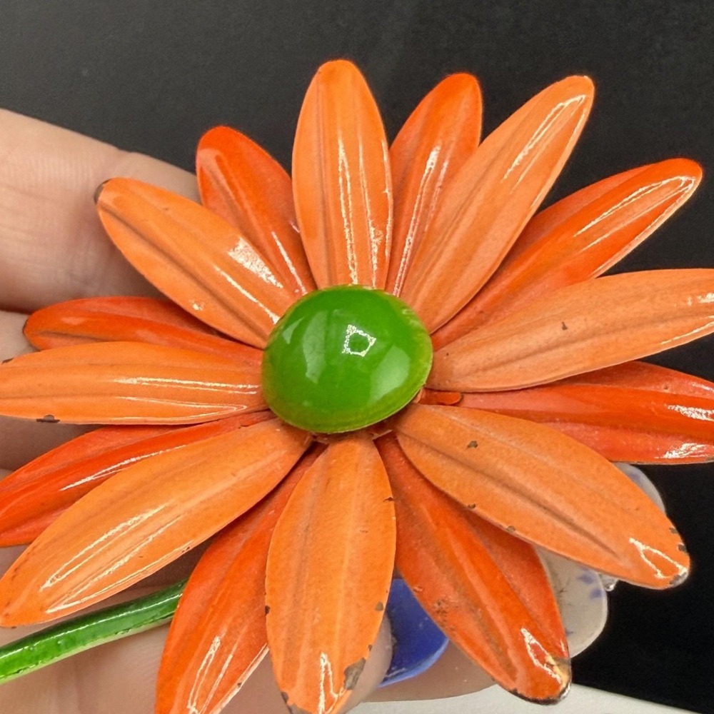 Vintage Estate Flower Brooch Orange Green Enamel Daisy Pin Large 3.25 Inch